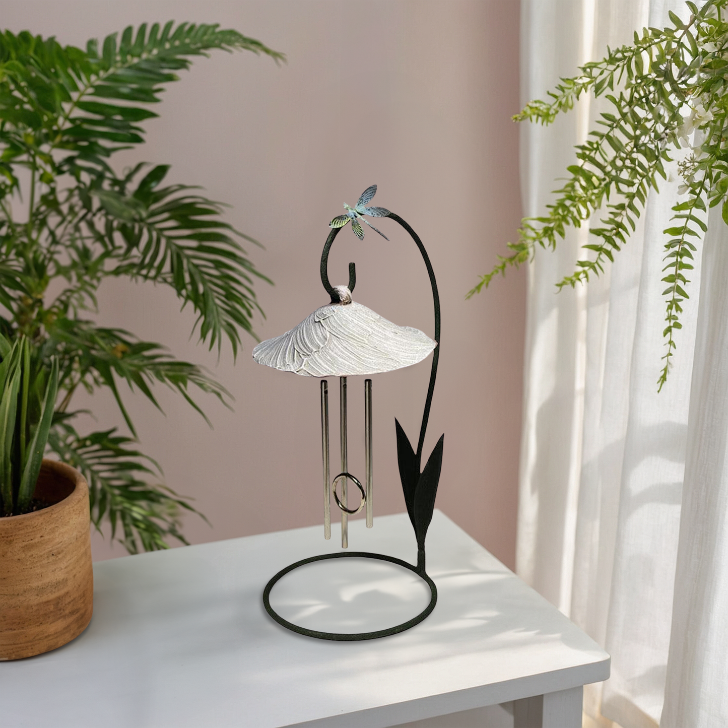 Gray sand Bella Blossom solar wind chime is neutral and compliments any decor