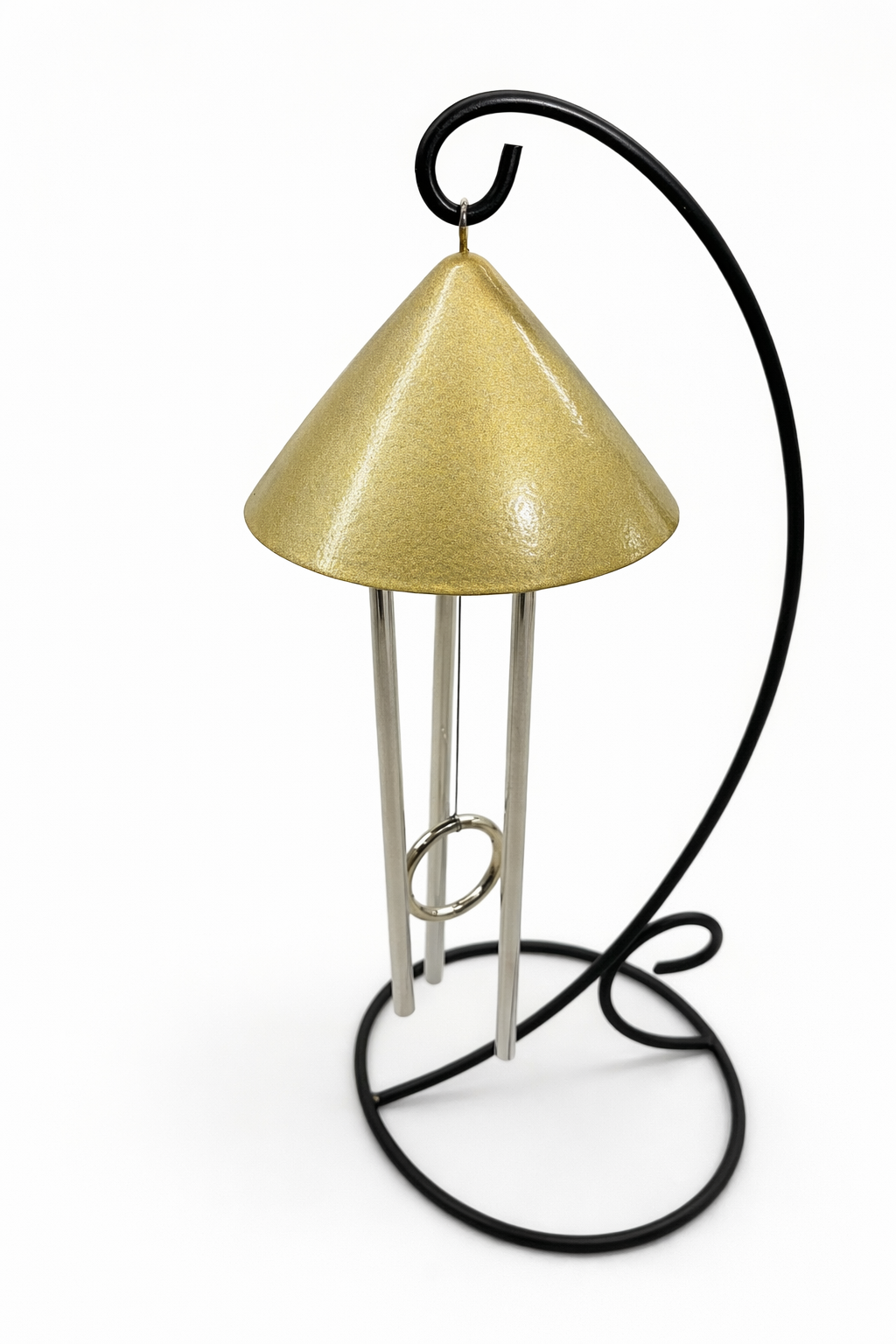 Gold colored Sprite indoor solar chime with black metal stand and aluminum chime rods and striker