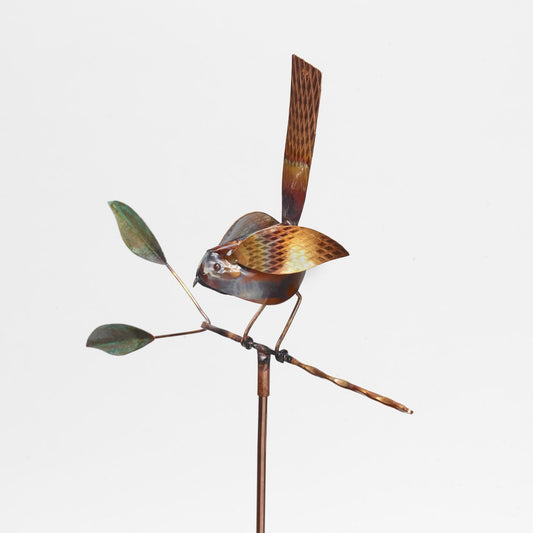 copper garden stake with resting bird on a branch handcrafted in US