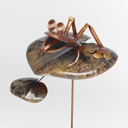 copper  garden stake frog on lily pod  handcrafted in US