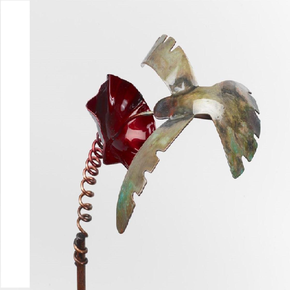 Copper hummingbird and flower garden stake handcrafted in the US