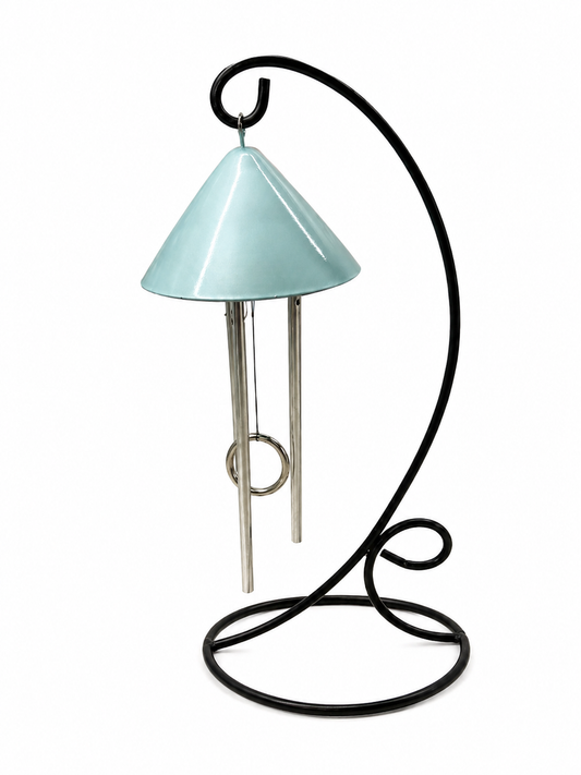 Sea Mist colored  Sprite indoor solar chime with black metal stand and aluminum chime rods and striker