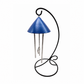 An indoor solar  wind chime with a blue  shimmer top mounted on a black curved metal stand . Hand painted Royal Blue shimmer finish