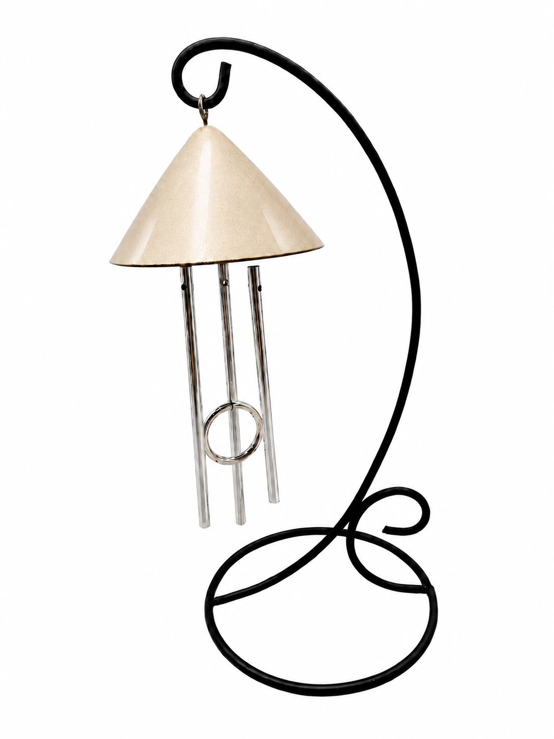 An indoor solar wind chime  with a champagne mist colored top with a black metal  stand ready for a sunny window sill or table