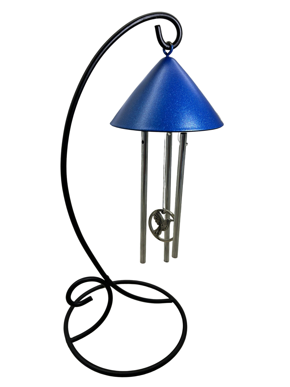 Hummingbird Memorial Sprite indoor solar chime in Sapphire Shimmer with laser-cut hummingbird striker
