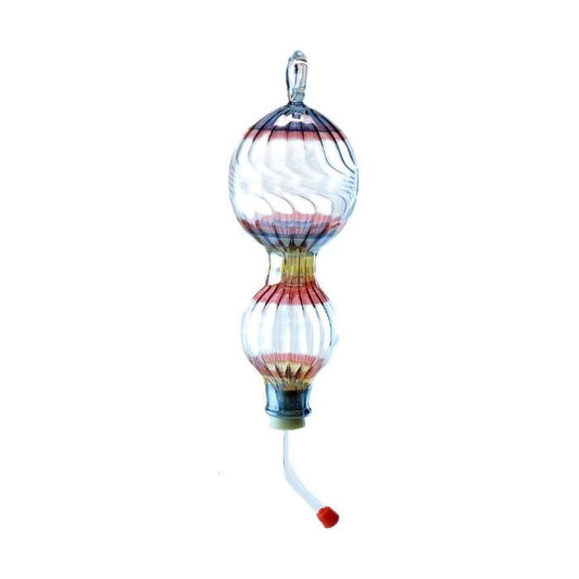 Glass hummingbird feeder hand crafted with vibrant rainbow stripes  is made in the USA