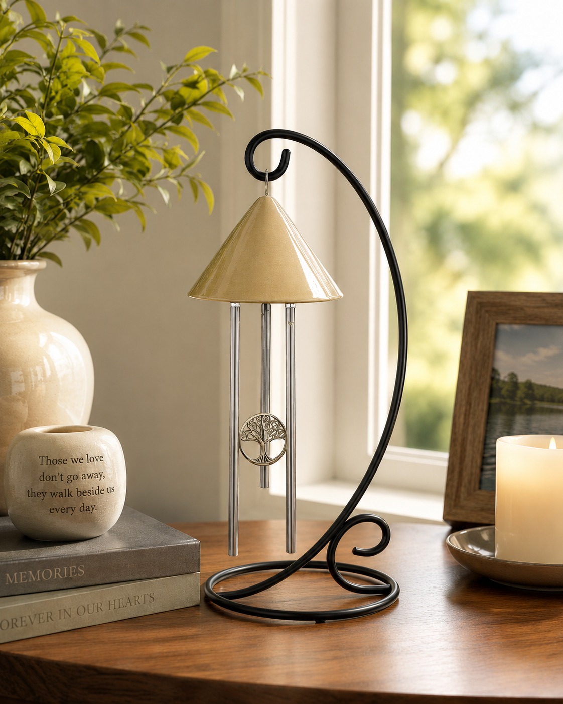 Decorative lamp with wind chimes on a table next to a candle and photo frame.