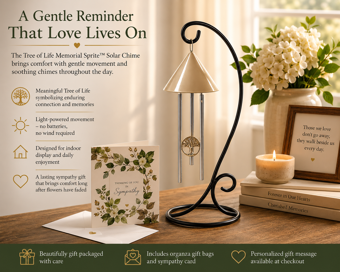 Memorial chime with descriptive text on a table with flowers and books.