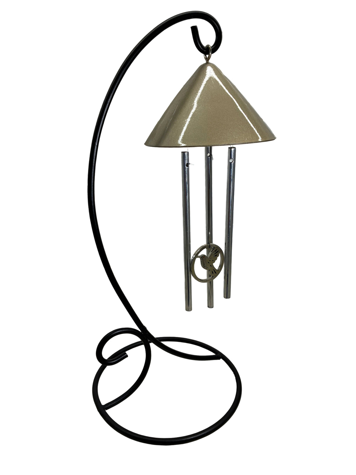 Hummingbird Sprite indoor solar wind chime in Champagne Mist with laser-cut hummingbird striker